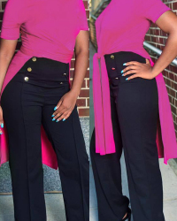  Chic Round Neck Irregular Patchwork Rose Red Polyester T-shirt