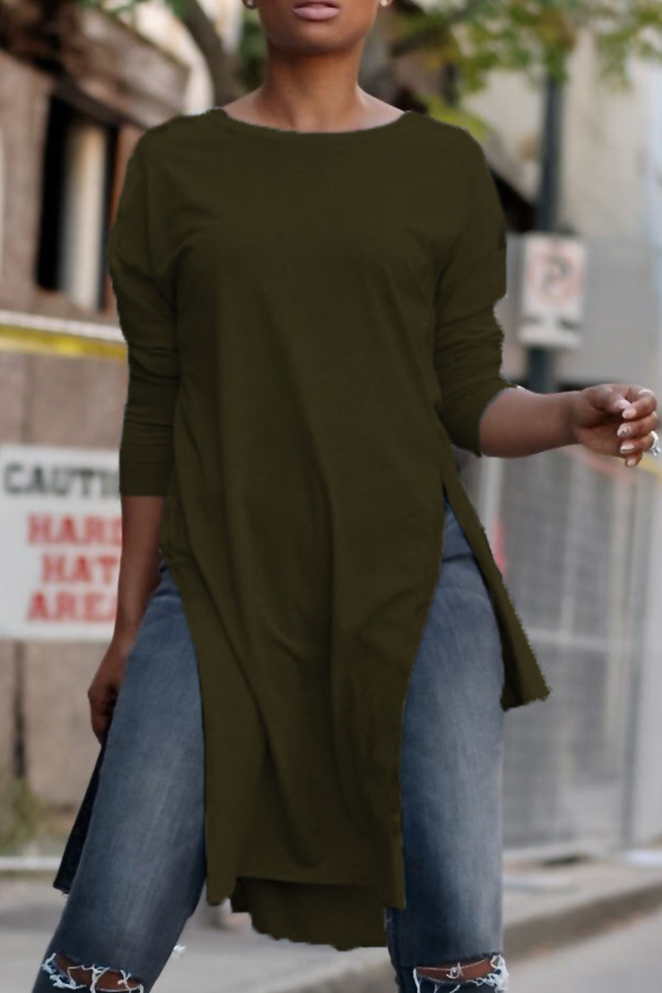  Euramerican Round Neck Asymmetrical Army Green Velvet T-shirt