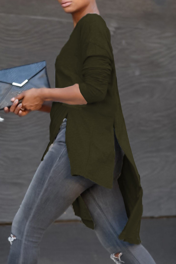  Euramerican Round Neck Asymmetrical Army Green Velvet T-shirt