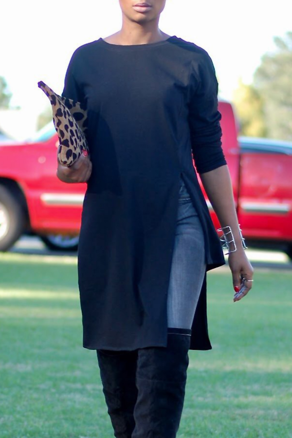  Euramerican Round Neck Asymmetrical Black Velvet T-shirt