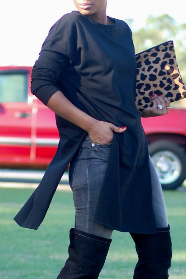  Euramerican Round Neck Asymmetrical Black Velvet T-shirt