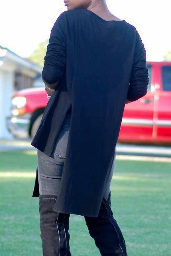  Euramerican Round Neck Asymmetrical Black Velvet T-shirt