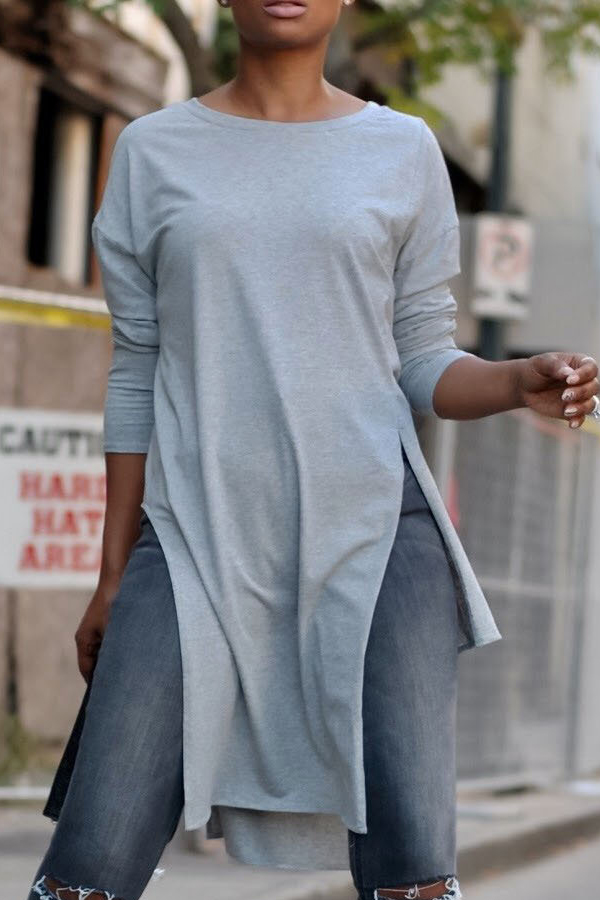  Euramerican Round Neck Asymmetrical Grey Velvet T-shirt