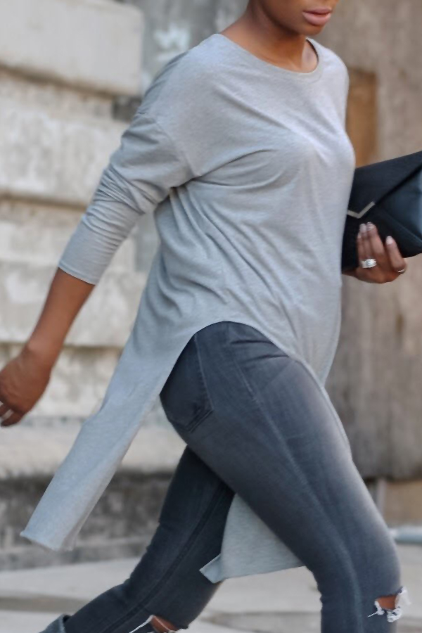  Euramerican Round Neck Asymmetrical Grey Velvet T-shirt