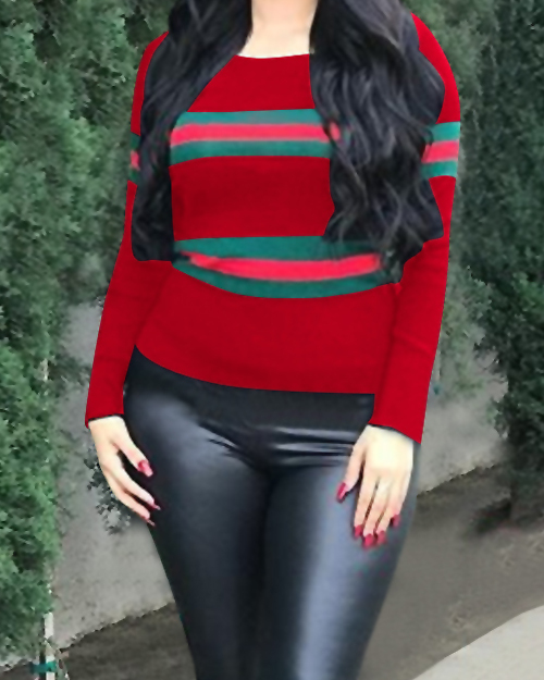 Euramerican Round Neck Striped Patchwork Wine Red Blending T-shirt Euramerican Round Neck Striped Patchwork Wine Red Blending T-shirt