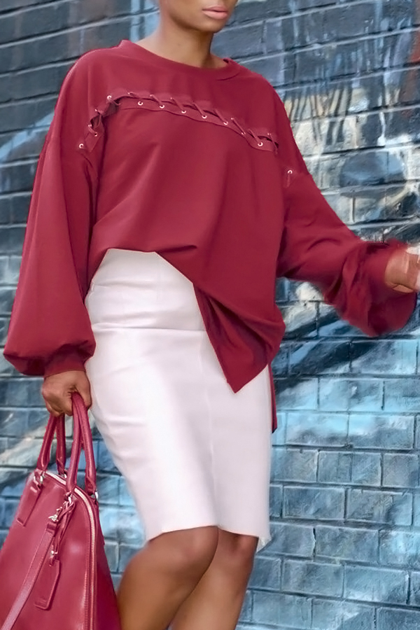  Fashion Round Neck Lantern Sleeves Lace-up Wine Red Blending T-shirt