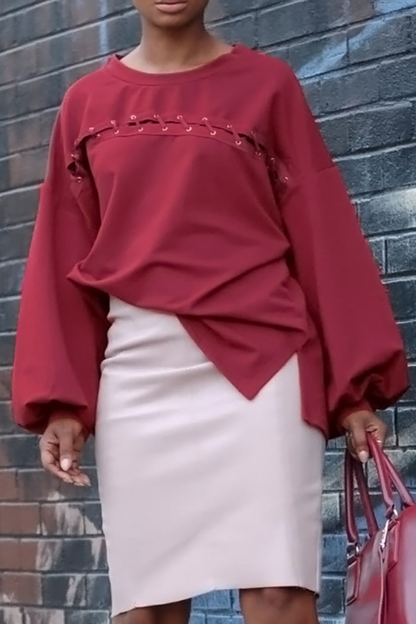  Fashion Round Neck Lantern Sleeves Lace-up Wine Red Blending T-shirt