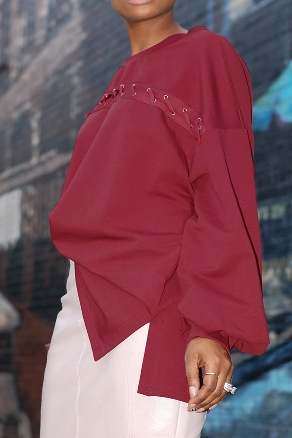  Fashion Round Neck Lantern Sleeves Lace-up Wine Red Blending T-shirt