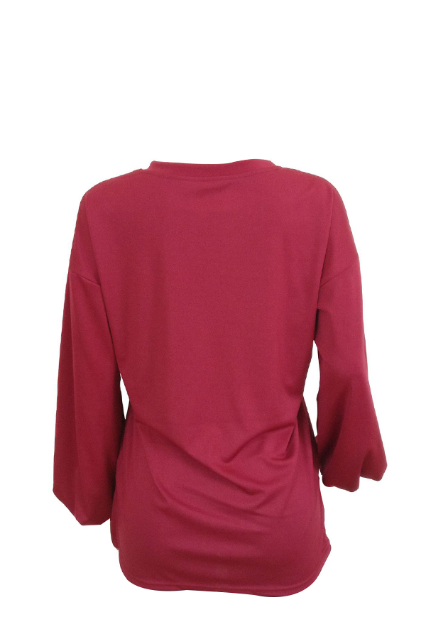  Fashion Round Neck Lantern Sleeves Lace-up Wine Red Blending T-shirt