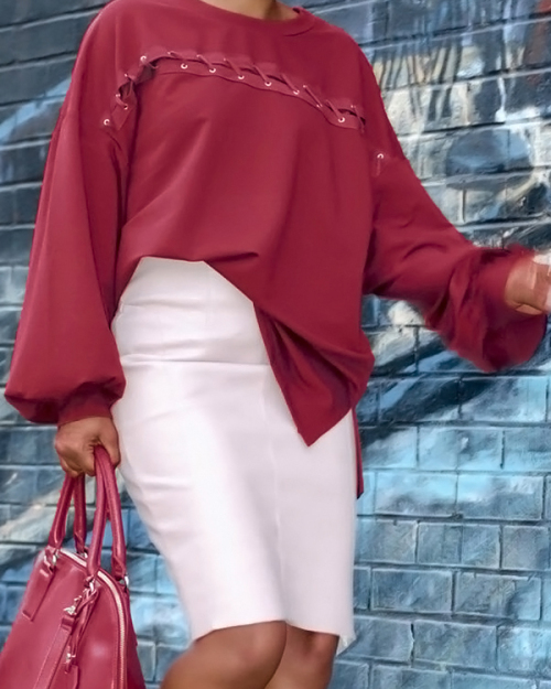 Fashion Round Neck Lantern Sleeves Lace-up Wine Red Blending T-shirt Fashion Round Neck Lantern Sleeves Lace-up Wine Red Blending T-shirt