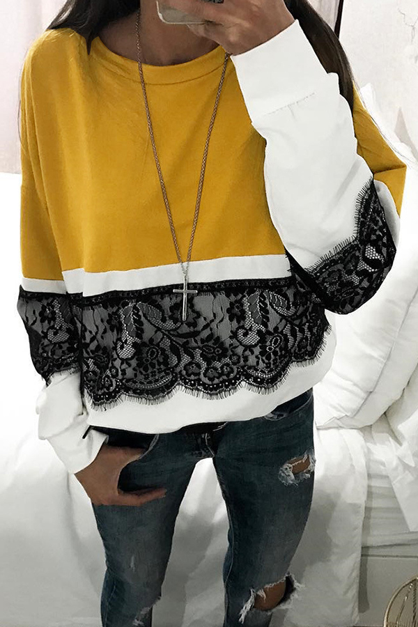 Fashionable Round Neck Lace Patchwork Yellow Polyester T-shirt