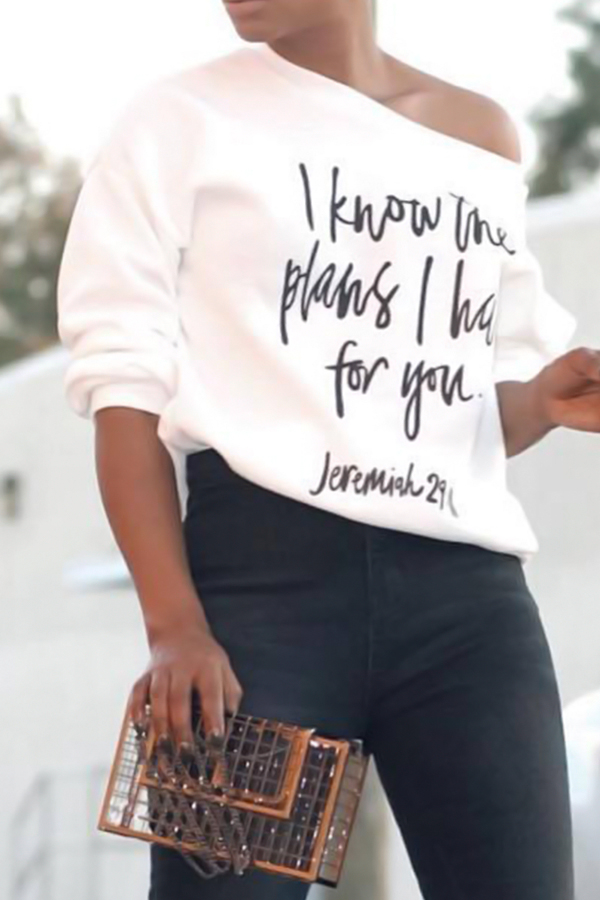  Fashionable Sloping Shoulder Letters Printed White Polyester T-shirt