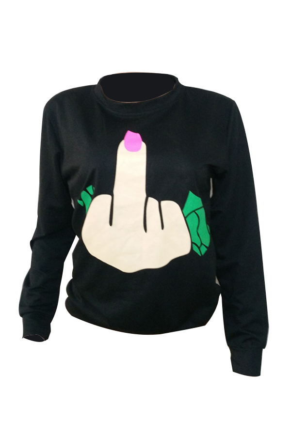  Leisure Round Neck Cartoon Printed Black Polyester T-shirt