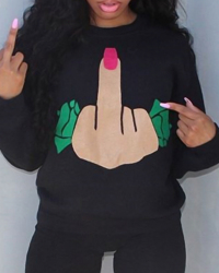  Leisure Round Neck Cartoon Printed Black Polyester T-shirt