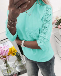  Leisure Round Neck Lace Patchwork Green Cotton Blends T-shirt