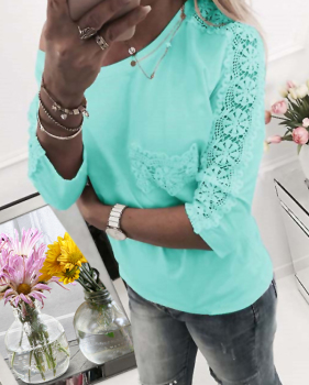  Leisure Round Neck Lace Patchwork Green Cotton Blends T-shirt