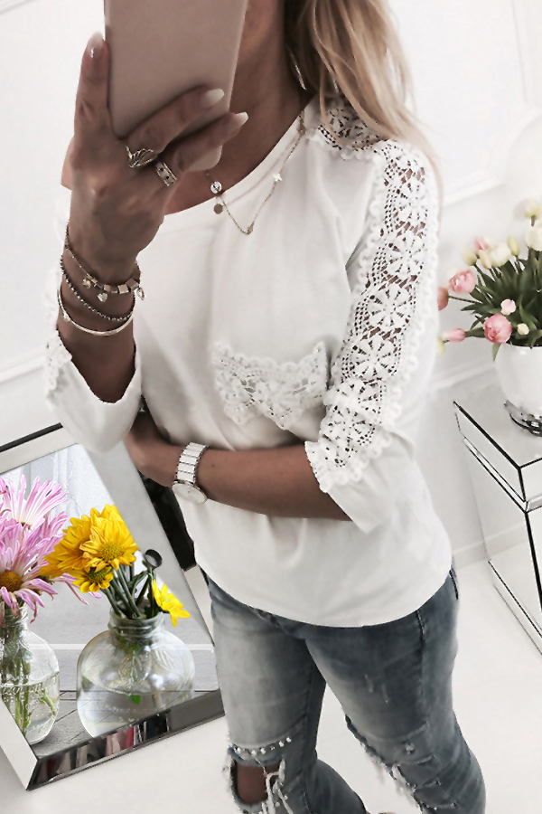  Leisure Round Neck Lace Patchwork White Cotton Blends T-shirt