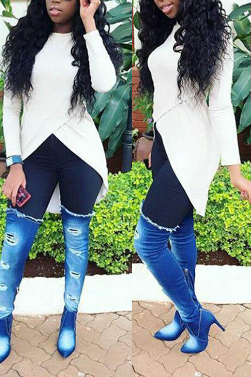  Leisure Round Neck Long Sleeves Asymmetrical White Polyester T-shirt