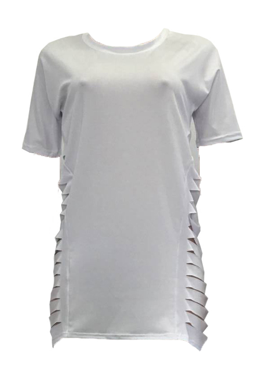  Leisure Round Neck Short Sleeves Hollow-out White Blending T-shirt