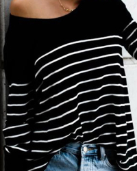  Leisure Round Neck Striped Black Blending T-shirt