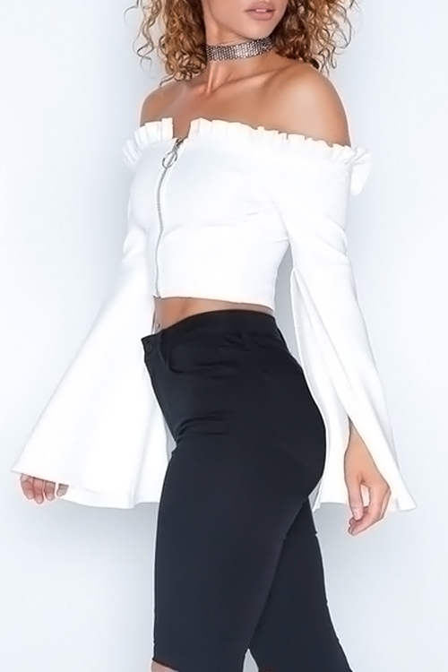  Sexy Bateau Neck Lotus Leaf Sleeves Zipper Design White Polyester T-shirt