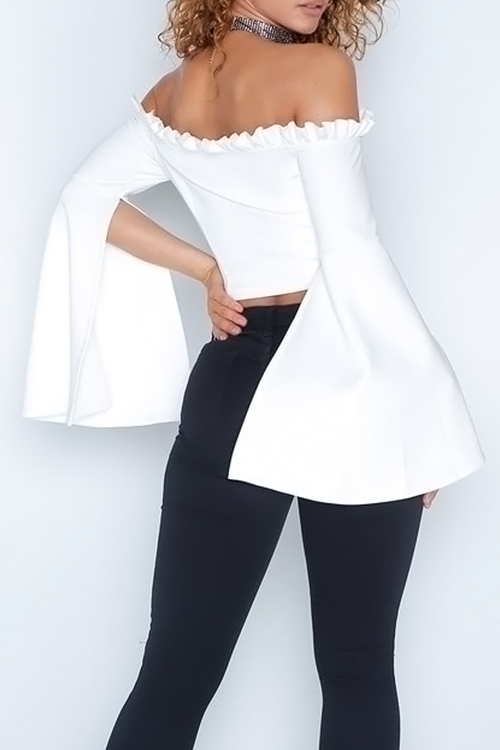  Sexy Bateau Neck Lotus Leaf Sleeves Zipper Design White Polyester T-shirt