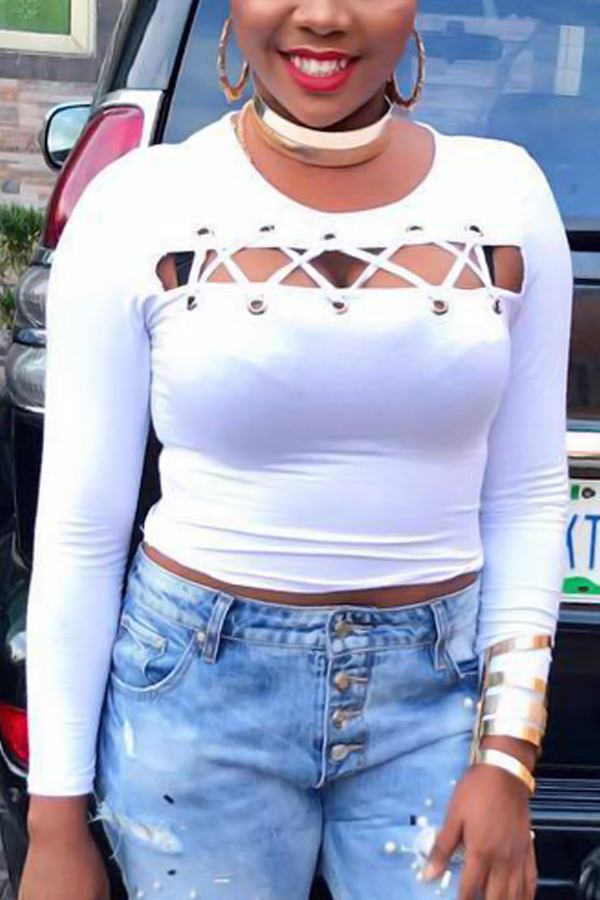  Sexy Round Neck Hollow-out White Milk Fiber T-shirt