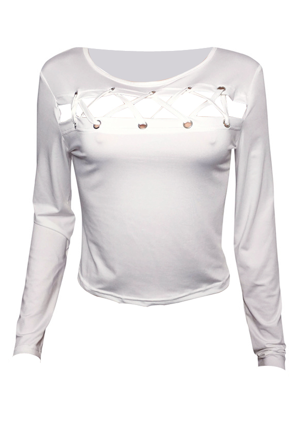  Sexy Round Neck Hollow-out White Milk Fiber T-shirt