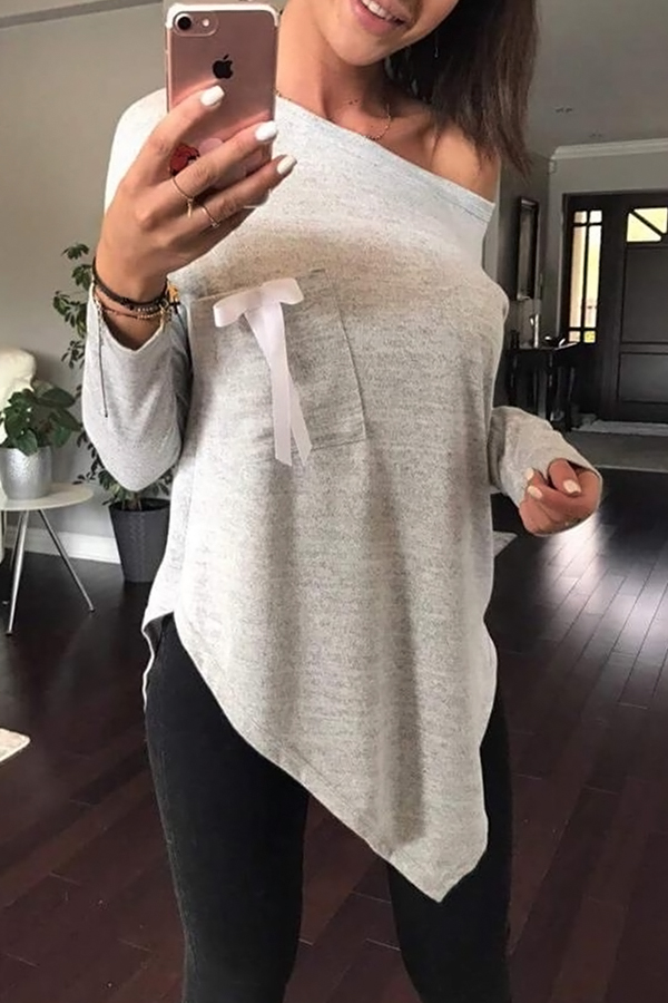  Sexy Skew Collar Irregular Hems Grey Polyester T-shirt