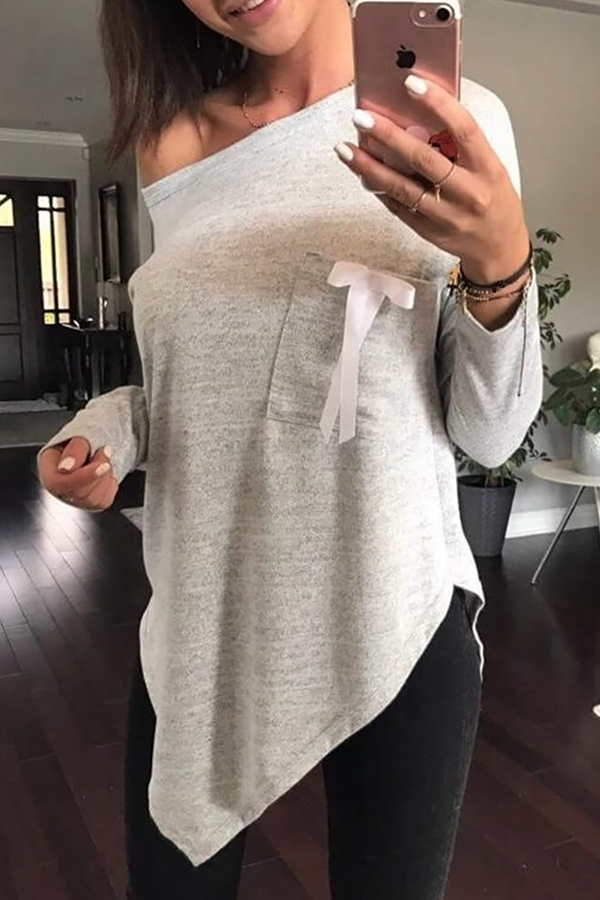  Sexy Skew Collar Irregular Hems Grey Polyester T-shirt