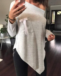 Sexy Skew Collar Irregular Hems Grey Polyester T-shirt Sexy Skew Collar Irregular Hems Grey Polyester T-shirt