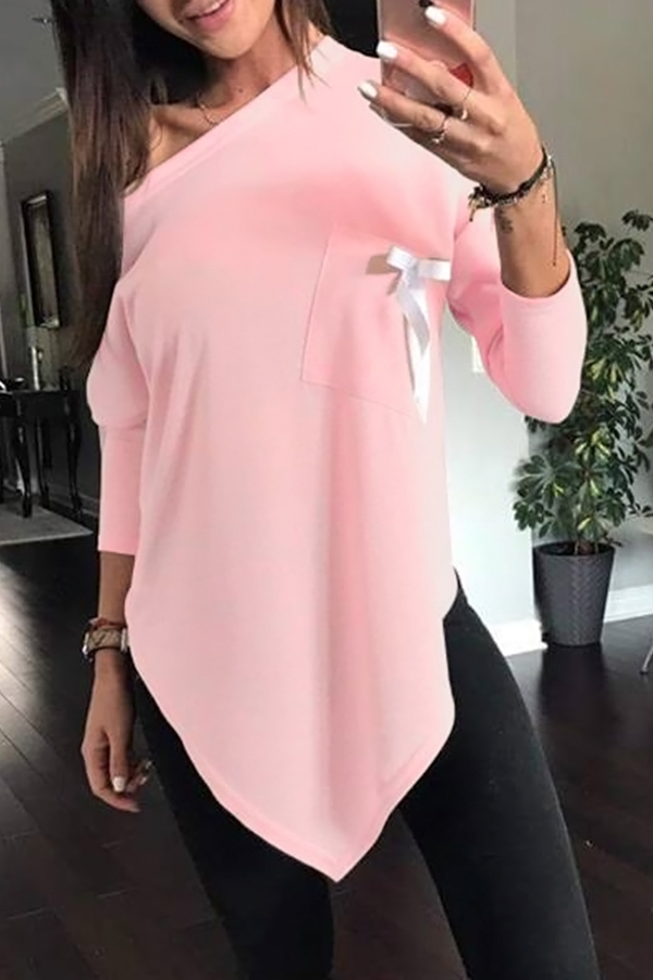  Sexy Skew Collar Irregular Hems Pink Polyester T-shirt