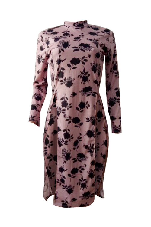  Stylish Round Neck Floral Printed Side Slit Pink Polyester T-shirt