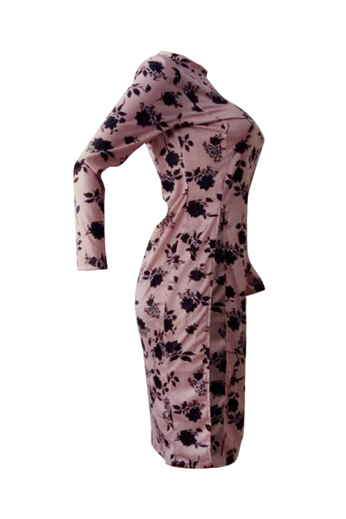  Stylish Round Neck Floral Printed Side Slit Pink Polyester T-shirt