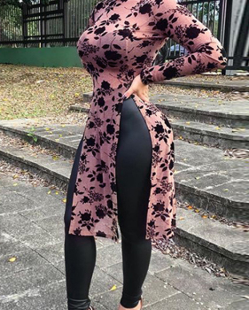  Stylish Round Neck Floral Printed Side Slit Pink Polyester T-shirt