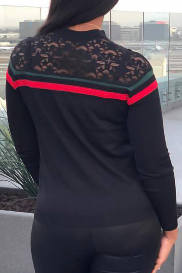  Stylish Round Neck Lace Patchwork Striped Black Cotton T-shirt