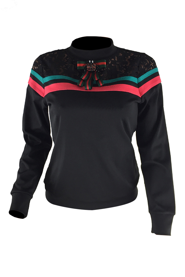  Stylish Round Neck Lace Patchwork Striped Black Cotton T-shirt