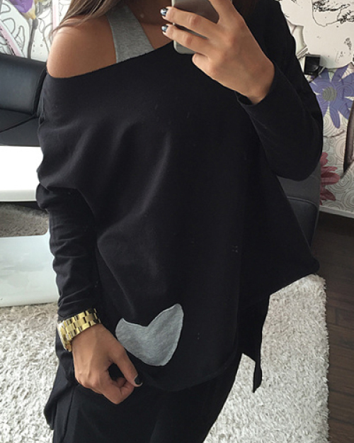 Fashion O Neck Long Sleeves Heart Shape Patchwork Black Cotton Blend T-shirt Fashion O Neck Long Sleeves Heart Shape Patchwork Black Cotton Blend T-shirt