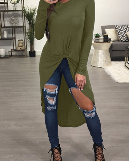 Leisure Round Neck Long Sleeves Army Green Blending T-shirt Leisure Round Neck Long Sleeves Army Green Blending T-shirt