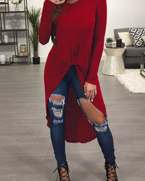 Leisure Round Neck Long Sleeves Wine Red Blending T-shirt Leisure Round Neck Long Sleeves Wine Red Blending T-shirt