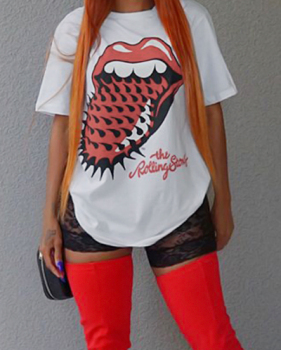 Leisure Round Neck Short Sleeves Printed White Cotton T-shirt