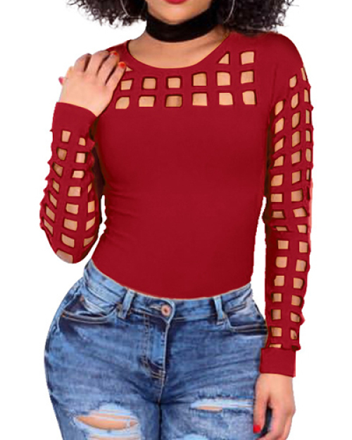 Sexy Round Neck Long Sleeves Hollow-out Red Blending T-shirt Sexy Round Neck Long Sleeves Hollow-out Red Blending T-shirt