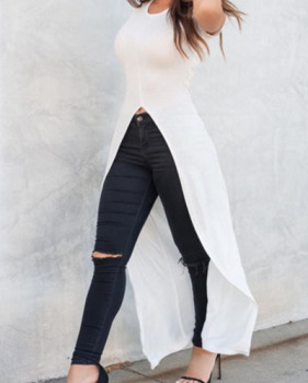 Stylish Round Neck Short Sleeves Front Split White Blending T-shirt