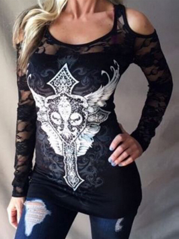 Stylish U-shaped Neck Long Sleeves Lace Patchwork Black T-shirt