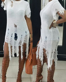 Trendy Round Neck Short Sleeves Tassel Design White knitting Shirt