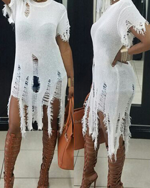 Trendy Round Neck Short Sleeves Tassel Design White knitting Shirt Trendy Round Neck Short Sleeves Tassel Design White knitting Shirt