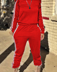  Casual Round Neck Striped Red Blending Two-piece Pants Set