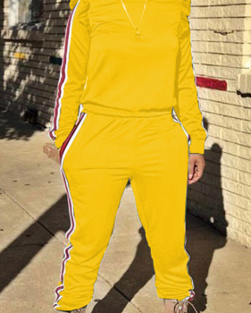  Casual Round Neck Striped Yellow Blending Two-piece Pants Set