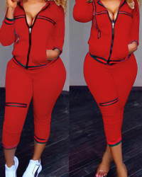  Casual Turndown Collar Zipper Design Red Cotton Two-piece Pants Set
