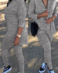  Casual V Neck Zipper Design Grey Polyester Two-piece Pants Set